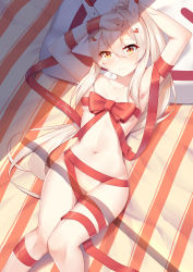 Rule 34 | arm behind head, arm over head, ayanami (azur lane), azur lane, blush, breasts, closed mouth, collarbone, ge zhong kuaile, hair ornament, highres, horns, knees together feet apart, long hair, lying, naked ribbon, navel, on back, outdoors, pillow, ponytail, red ribbon, ribbon, shadow, small breasts, solo, towel, umbrella, white hair, wide hips