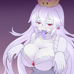 Rule 34 | 1girl, bad id, bad pixiv id, blush, breasts, brooch, choker, cleavage, colored skin, colored tongue, crown, dress, earrings, frilled choker, frilled dress, frilled gloves, frills, gem, gloves, hair between eyes, jewelry, large breasts, long hair, long tongue, looking at viewer, luigi&#039;s mansion, mario (series), new super mario bros. u deluxe, nintendo, okamura (okamura086), open mouth, princess king boo, puffy short sleeves, puffy sleeves, purple eyes, purple tongue, red eyes, sharp teeth, short sleeves, silver hair, super crown, teeth, tongue, tongue out, translation request, very long hair, white dress, white gloves, white skin