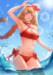 Rule 34 | 1girl, :d, aqua (popogori), arm up, armpits, athena (granblue fantasy), bikini, blonde hair, blue sky, blush, bow, braid, breasts, choker, cleavage, cloud, collarbone, commentary request, cowboy shot, day, flower, granblue fantasy, hair flower, hair ornament, hairband, hibiscus, highres, lens flare, light rays, long hair, looking at viewer, medium breasts, nail polish, ocean, open mouth, outdoors, purple eyes, red bikini, red bow, red choker, red flower, red hairband, red nails, resolution mismatch, sky, smile, solo, source smaller, standing, sunbeam, sunlight, swimsuit, twin braids, very long hair, wading, water