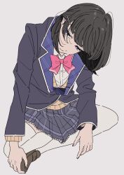 Rule 34 | 1girl, black hair, blazer, blue eyes, blue jacket, blue skirt, bow, bowtie, brown footwear, brown sweater, collared shirt, dress shirt, hair ornament, hairclip, highres, jacket, kamatama rom, loafers, long hair, long sleeves, looking at viewer, nijisanji, pink bow, pink bowtie, plaid, plaid skirt, pleated skirt, shirt, shoes, simple background, sitting, skirt, solo, sweater, thighhighs, tsukino mito, tsukino mito (1st costume), virtual youtuber, white background, white shirt, white thighhighs