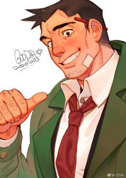 Rule 34 | 1boy, ace attorney, bandaid, bandaid on face, black eyes, blush, brown hair, coat, dick gumshoe, facial hair, g00d1a, highres, knuckle hair, male focus, necktie, nose blush, pointing, pointing at self, short hair, solo, stubble, upper body