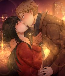 Rule 34 | 1boy, 1girl, amesbloom, black hair, blonde hair, blurry, blurry background, blush, city, city lights, coat, couple, earrings, gloves, green eyes, hetero, highres, jewelry, kiss, long hair, looking at another, outdoors, red sweater, scarf pull, sparkle, spy x family, sweater, twilight (spy x family), upper body, yor briar