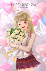 Rule 34 | 1girl, ;d, absurdres, ahoge, akamatsu kaede, bad id, bad pixiv id, balloon, blush, bouquet, cowboy shot, danganronpa (series), danganronpa v3: killing harmony, dated, dbals0807, flower, fortissimo, grey shirt, hair ornament, happy birthday, heart balloon, highres, holding, long hair, long sleeves, looking at viewer, miniskirt, musical note, musical note hair ornament, hugging object, one eye closed, open mouth, pink eyes, pink skirt, pink vest, shirt, skirt, smile, solo, standing, swept bangs, teeth, vest, white flower
