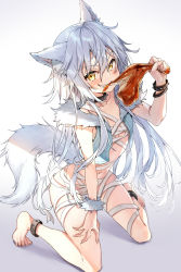 Rule 34 | 1girl, animal ear fluff, animal ears, anklet, bandages, bare arms, bare legs, bare shoulders, barefoot, blue vest, blush, bracelet, collar, collarbone, commentary request, eating, flat chest, food, full body, fur-trimmed vest, fur trim, gradient background, grey background, grin, hair between eyes, highres, holding, holding food, jewelry, kakao rantan, kneeling, long hair, meat, navel, open clothes, open vest, original, silver hair, smile, solo, spiked bracelet, spiked collar, spikes, tail, teeth, v-shaped eyebrows, very long hair, vest, wolf ears, wolf girl, wolf tail, yellow eyes
