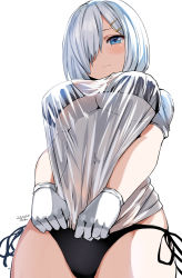 Rule 34 | 1girl, artist name, banned artist, belko, bikini, bikini under clothes, black bikini, blouse, blue eyes, blush, breasts, closed mouth, clothes pull, covered navel, dated, from below, gloves, grey hair, hair ornament, hair over one eye, hairclip, hamakaze (kancolle), highres, kantai collection, large breasts, looking at viewer, looking down, pulling own clothes, see-through, see-through shirt, shirt, shirt pull, short hair, side-tie bikini bottom, solo, swimsuit, underboob, wet, wet clothes, wet shirt, white background, white gloves, white shirt
