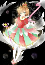 Rule 34 | 1girl, absurdres, aquarius (symbol), bad id, bad pixiv id, black background, blush, brown hair, cardcaptor sakura, choker, closed mouth, commentary, crown, elbow gloves, frilled skirt, frills, full body, gloves, green eyes, head tilt, highres, holding, holding wand, libra (symbol), looking at viewer, messy hair, mini crown, multicolored clothes, multicolored skirt, planet, puffy short sleeves, puffy sleeves, red neckwear, red skirt, scorpio (symbol), short hair, short sleeves, skirt, smile, solo, sparkle, star (symbol), thighhighs, tsukiyo (skymint), wand, white gloves, white thighhighs