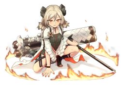 Rule 34 | 1girl, anklet, arknights, black dress, black footwear, blonde hair, demon girl, demon horns, demon tail, dress, flamethrower, holding, holding weapon, horns, ifrit (arknights), infection monitor (arknights), jacket, jewelry, kamihine, looking at viewer, nail polish, on one knee, orange eyes, orange nails, ring of fire, sandals, short hair, short twintails, simple background, slit pupils, solo, tail, toeless footwear, toenail polish, toenails, twintails, weapon, white background, white jacket