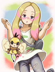 Rule 34 | 1girl, :d, :o, alternate eye color, bag, blonde hair, blue eyes, blush, breasts, chestnut mouth, collarbone, creatures (company), denim, facepaint, facial mark, floating, game freak, gen 7 pokemon, hands up, jeans, jewelry, leg lift, long hair, looking at viewer, mina (pokemon), multicolored hair, nintendo, notebook, open mouth, otonashi shizuko, outline, oversized clothes, oversized shirt, pants, pink hair, pokemon, pokemon (creature), pokemon sm, ribombee, ring, scarf, shirt, sidelocks, small breasts, smile, standing, standing on one leg, torn clothes, torn jeans, torn pants, trial captain, two-tone hair, white shirt