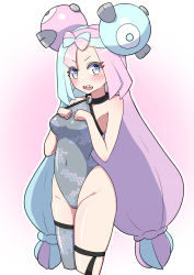 Rule 34 | 1girl, absurdres, aqua hair, asymmetrical legwear, bare shoulders, blush, bow-shaped hair, breasts, character hair ornament, cheria, covered navel, creatures (company), cropped legs, game freak, gen 1 pokemon, grey leotard, grey thighhighs, groin, hair ornament, hand on own chest, hexagon print, highleg, highleg leotard, highres, iono (pokemon), large breasts, leotard, long hair, looking at viewer, low-tied long hair, magnemite, mismatched legwear, multicolored hair, nintendo, open mouth, pink background, pink eyes, pink hair, pokemon, pokemon sv, sharp teeth, single thighhigh, solo, split-color hair, teeth, thigh strap, thighhighs, two-tone hair, v-shaped eyebrows, wavy mouth, white background, x