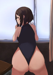 Rule 34 | 1girl, against glass, against window, artist request, ass, bare shoulders, brown eyes, brown hair, come hither, desk, female focus, from behind, hair ornament, hairclip, highres, huge ass, kneeling, lisbeth (sao), looking at viewer, looking back, naughty face, one-piece swimsuit, school swimsuit, seductive smile, shinozaki rika, short hair, smile, solo, swimsuit, sword art online, window
