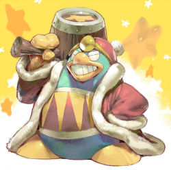 Rule 34 | full body, fur trim, grin, hammer, jacket, king dedede, kirby&#039;s dream land, kirby (series), kirby super star, koki (ryoushikiha), long sleeves, nintendo, no humans, open clothes, open jacket, red jacket, smile, solo, standing, star (symbol), teeth