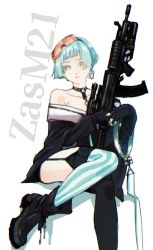 Rule 34 | 1girl, assault rifle, asymmetrical legwear, bare shoulders, black footwear, black gloves, black thighhighs, boots, character name, closed mouth, earrings, fingerless gloves, garter straps, girls&#039; frontline, gloves, goggles, goggles on head, gun, highres, jewelry, kalashnikov rifle, long sleeves, looking at viewer, mismatched legwear, nail polish, orange eyes, orange goggles, rifle, shishanmo, short hair, simple background, solo, striped clothes, striped thighhighs, thighhighs, weapon, white background, zas m21 (girls&#039; frontline), zastava m21