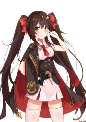 Rule 34 | 1girl, artist name, bag, belt, belt buckle, black belt, black cape, blush, bow, breasts, brown eyes, brown hair, buckle, cape, closed mouth, collared shirt, commentary request, cowboy shot, girls&#039; frontline, hair between eyes, hair bow, hand on own hip, highres, long hair, looking at viewer, medium breasts, necktie, pleated skirt, red bow, red necktie, satchel, seero, shirt, short necktie, signature, simple background, skirt, smile, solo, thighhighs, twintails, type 97 (girls&#039; frontline), underbust, v over eye, very long hair, white background, white shirt, white skirt, white thighhighs