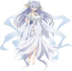 Rule 34 | 1girl, bare shoulders, barefoot, braid, breasts, date a live, dress, full body, grey hair, hair between eyes, hair ornament, long hair, looking at viewer, official art, smile, solo, stuffed animal, stuffed toy, tachi-e, takamiya mio, transparent background, twin braids, white dress