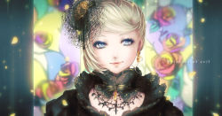 Rule 34 | 1girl, aku no musume (vocaloid), alternate hairstyle, blonde hair, blue eyes, blurry, bow, depth of field, english text, evillious nendaiki, eyelashes, hair ornament, jewelry, kagamine rin, looking at viewer, necklace, petals, portrait, riliane lucifen d&#039;autriche, shino (syllable), smile, solo, stained glass, vocaloid