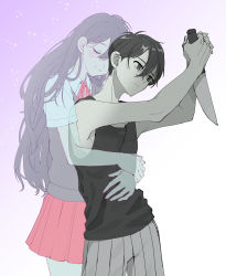 Rule 34 | 1boy, 1girl, absurdres, black eyes, black hair, black shirt, black sweater vest, brother and sister, closed eyes, closed mouth, collared shirt, empty eyes, ghost, grey shorts, highres, holding, holding knife, hug, hug from behind, imminent suicide, kitchen knife, knife, long hair, mari (faraway) (omori), mari (omori), neck ribbon, omori, pleated skirt, red ribbon, red skirt, ribbon, shirt, short hair, shorts, siblings, skirt, sleeveless, smile, spoilers, striped clothes, striped shorts, suicide, sunny (omori), sweater vest, tio zomi, white shirt