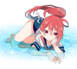 Rule 34 | 10s, 1girl, barefoot, blouse, dodoria367, hair between eyes, hair ribbon, hand on own cheek, hand on own face, head rest, i-168 (kancolle), kantai collection, long hair, looking at viewer, lying, partially submerged, ponytail, red eyes, red hair, ribbon, sailor collar, school swimsuit, shirt, short sleeves, sidelocks, smile, solo, swimsuit, swimsuit under clothes, water