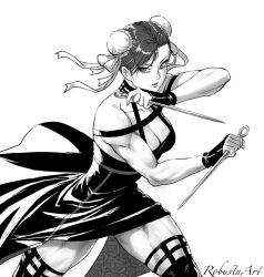 Rule 34 | 1girl, artist name, bare shoulders, black dress, black gloves, black hair, breasts, capcom, chun-li, cleavage, collarbone, cosplay, dagger, double bun, dress, earrings, gloves, gold earrings, gold hairband, hair bun, hairband, highres, holding, holding dagger, holding knife, holding weapon, jewelry, knife, large breasts, looking at viewer, medium breasts, monochrome, muscular, muscular female, reverse grip, robusta mania, solo, spot color, spy x family, stiletto (weapon), street fighter, two-sided dress, two-sided fabric, weapon, white background, yor briar, yor briar (cosplay)