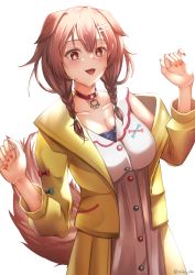 Rule 34 | 1girl, absurdres, animal ears, artist name, blush, braid, breasts, brown eyes, brown hair, casual, cleavage, collarbone, commentary, dated commentary, dog ears, dog tail, dress, feet out of frame, hair ornament, hairclip, highres, hololive, inugami korone, inugami korone (1st costume), jacket, long sleeves, looking at viewer, medium breasts, medium hair, misa pika, nail polish, open clothes, open jacket, open mouth, parted lips, paw pose, red nails, smile, solo, standing, tail, twin braids, twitter username, virtual youtuber, white background, white dress, yellow jacket