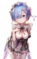 Rule 34 | 10s, 1girl, 77gl, absurdres, apron, blue eyes, blue hair, bow, breasts, cleavage, cowboy shot, detached sleeves, dress, eyes visible through hair, frilled dress, frilled sleeves, frills, hair ornament, hair over one eye, hand on own chest, highres, leaning forward, looking at viewer, maid, maid headdress, matching hair/eyes, medium breasts, re:zero kara hajimeru isekai seikatsu, rem (re:zero), ribbon-trimmed legwear, ribbon-trimmed sleeves, ribbon trim, short hair, simple background, solo, tareme, thighhighs, wavy mouth, white background, white thighhighs, x hair ornament
