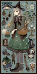 Rule 34 | 1girl, bag, blue background, book, boots, branch, chin strap, dress, earrings, food, full body, green hair, grey hair, hat, hat feather, high heel boots, high heels, highres, holding, holding wand, jewelry, lamp, long hair, long sleeves, original, painting (object), pantyhose, parted lips, pie, pie slice, pumpkin, shoes, shoulder bag, solo, striped clothes, striped pantyhose, striped sleeves, sugar bowl, teapot, vertical-striped sleeves, very long hair, wand, watch, witch, witch hat, wristwatch, yunoto (conceit)