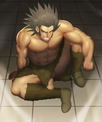 Rule 34 | 1boy, abs, absurdres, arm hair, bara, flaccid, foreskin, from above, full body, grin, hair slicked back, highres, hunter x hunter, knee up, large pectorals, long sideburns, looking at viewer, male focus, mature male, medium hair, muscular, muscular male, navel, nipples, no male underwear, pectorals, penis, sanpaku, seductive smile, sideburns, sitting, smile, solo, spread legs, stomach, thick eyebrows, thighs, topless male, trickster0023, uvogin