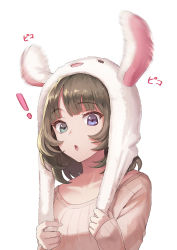 Rule 34 | !, 1girl, :o, animal ears, animal hat, blue eyes, brown hair, brown sweater, commentary request, fake animal ears, flapping ears, green eyes, hands up, hat, heterochromia, holding, idolmaster, idolmaster cinderella girls, long sleeves, looking at viewer, meto31, mole, mole under eye, motion blur, parted lips, rabbit ears, ribbed sweater, short hair, simple background, sleeves past wrists, solo, sweater, takagaki kaede, upper body, white background