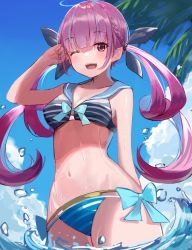 Rule 34 | 1girl, ;d, arm up, aroa (aroamoyasi), bikini, blue bow, blue sky, blush, bow, bow bra, bra, braid, breasts, cleavage, cloud, collarbone, colored inner hair, day, hair bow, hololive, looking at viewer, minato aqua, multicolored hair, navel, one eye closed, open mouth, outdoors, palm tree, purple eyes, sailor bikini, sailor collar, sky, sleeveless, small breasts, smile, solo, striped bikini, striped clothes, summer, swimsuit, teeth, tree, twintails, underwear, upper teeth only, virtual youtuber, water