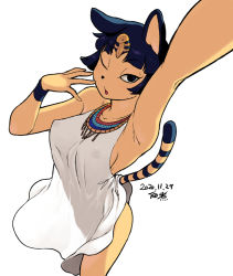 Rule 34 | 1girl, animal crossing, animal ears, animal nose, ankha (animal crossing), arm up, armpits, black eyes, black hair, breasts, cat ears, cat tail, colored skin, covered erect nipples, dated, dress, egyptian, egyptian clothes, eyeliner, from above, furry, furry female, hair ornament, lifted by tail, makeup, medium breasts, nintendo, nipples, no bra, one eye closed, perky breasts, see-through, see-through dress, selfie, short hair, sideboob, sleeveless, sleeveless dress, snake hair ornament, solo, striped tail, tail, tsukudani (coke-buta), white background, white dress, yellow skin