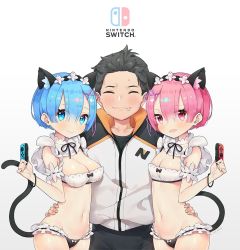 Rule 34 | 10s, 1boy, 2girls, adapted costume, animal ears, arm garter, artist name, ayami (annahibi), bare shoulders, bikini, black bow, black hair, black panties, black pants, black ribbon, black shirt, blue eyes, blue hair, blunt bangs, blush, bow, bow panties, breasts, cat ears, cat tail, cleavage, closed eyes, closed mouth, collar, collarbone, commentary request, controller, copyright name, cowboy shot, detached collar, detached sleeves, drooling, eyes visible through hair, fingernails, flower, frilled collar, frilled panties, frills, game console, girl sandwich, groin, hair flower, hair ornament, hair over one eye, hand on another&#039;s hip, hand up, happy, holding, jacket, joy-con, kemonomimi mode, legs together, looking at viewer, maid, maid bikini, maid headdress, medium breasts, midriff, multiple girls, natsuki subaru, navel, nintendo switch, open collar, open mouth, panties, pants, pink eyes, pink hair, pink ribbon, purple ribbon, ram (re:zero), re:zero kara hajimeru isekai seikatsu, rem (re:zero), ribbon, ribbon-trimmed clothes, ribbon trim, sandwiched, shirt, short hair, siblings, simple background, sisters, small breasts, smile, sweatdrop, swimsuit, tail, track jacket, twins, unconventional maid, underbust, underwear, white background, white bow, wrist straps, x hair ornament