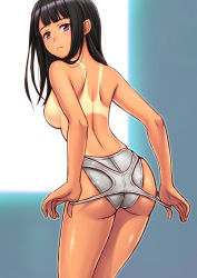 Rule 34 | 1girl, absurdres, ass, back, black hair, blush, breasts, clothes pull, competition swimsuit, flat ass, from behind, gradient background, highres, kuri (kurigohan), long hair, looking at viewer, looking back, medium breasts, one-piece swimsuit, one-piece swimsuit pull, one-piece tan, original, purple eyes, sideboob, solo, swimsuit, tan, tanline, twisted neck, undressing