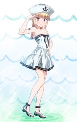 Rule 34 | 1girl, anchor print, anchor tattoo, ankle ribbon, black ribbon, blonde hair, blush, braid, breasts, collarbone, dress, full body, hand on own hip, hat, iijima yun, leg ribbon, long hair, looking at viewer, makicha (sasurainopink), new game!, pleated dress, red eyes, ribbon, salute, shiny skin, shoes, short dress, sleeveless, sleeveless dress, small breasts, smile, solo, sparkle, standing, strapless, strapless dress, tattoo, twin braids, twintails, white background, white dress