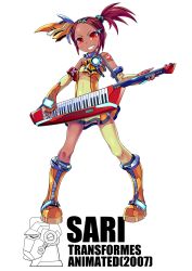 Rule 34 | 1girl, absurdres, autobot, boots, character name, copyright name, dark skin, flat chest, hair ornament, hairclip, highres, insignia, instrument, kamizono (spookyhouse), keytar, optimus prime, orange eyes, ranguage, red hair, sari sumdac, single thighhigh, thighhighs, transformers, transformers animated, twintails