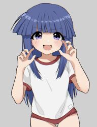 1girl blue_hair blunt_bangs blunt_ends blush buruma commentary_request cowboy_shot furude_rika grey_background gym_uniform hands_up highres higurashi_no_naku_koro_ni hime_cut looking_at_viewer naughty_face poyadevil purple_eyes red_buruma shirt short_sleeves sidelocks simple_background smug solo straight-on tareme thigh_gap v-shaped_eyebrows white_shirt