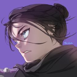 Rule 34 | 1girl, animification, apex legends, black hair, black scarf, blue eyes, chinese clothes, clenched teeth, floating hair, from side, hair between eyes, highres, looking ahead, mou kexue de yi dali pao, nose piercing, parted bangs, parted lips, piercing, purple background, scarf, solo, teeth, wraith (apex legends)
