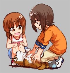 Rule 34 | 10s, 2girls, blue shorts, brown eyes, brown hair, brown pants, closed mouth, commentary, dog, full body, girls und panzer, hands on own knees, headpat, light smile, looking at another, lying, multiple girls, nishizumi maho, nishizumi miho, on back, oono imo, open mouth, orange shirt, pants, pink shirt, shirt, shoes, short hair, short sleeves, shorts, siblings, simple background, sisters, smile, squatting, tank top, white footwear
