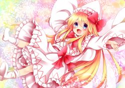 Rule 34 | 1girl, blonde hair, blue eyes, boots, bow, capelet, chikuwa savy, fairy wings, hat, hat bow, highres, lily white, long hair, long sleeves, open mouth, outstretched arms, sash, smile, solo, touhou, very long hair, wide sleeves, wings