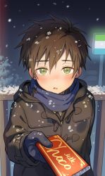 Rule 34 | 1boy, blush, brown coat, brown hair, candy, chocolate, chocolate bar, coat, commentary request, food, gloves, green eyes, hair between eyes, hand up, highres, holding, incoming gift, looking at viewer, male focus, night, open mouth, original, outdoors, pillow (nutsfool), scarf, snow, snowing, solo, tongue