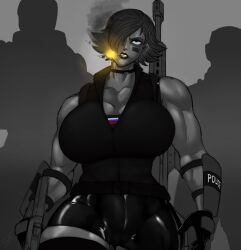 Rule 34 | 1girl, 2020, 2boys, avis (strangehero), black gloves, bracer, breasts, cigarette, clenched teeth, collarbone, commentary, english commentary, gloves, grey background, gun, hair over one eye, head tilt, highres, holding, holding gun, holding weapon, huge breasts, lipstick, looking ahead, makeup, monochrome, multiple boys, muscular, muscular female, open clothes, open collar, open shirt, original, police, police uniform, policewoman, russian flag, short hair, shorts, silhouette, simple background, smoking, spot color, standing, strangehero, teeth, thick thighs, thighhighs, thighs, uniform, weapon, weapon on back