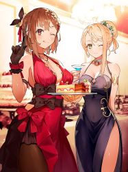 Rule 34 | 2girls, alcohol, armlet, arms behind back, atelier (series), atelier ryza, atelier ryza 2, bare shoulders, black gloves, black legwear, blonde hair, blue dress, blush, bow, braid, breasts, brown eyes, brown hair, cake, chandelier, choker, cleavage, closed mouth, cocktail glass, covered navel, cup, dessert, dress, drinking glass, earrings, evening gown, food, gloves, green eyes, hair bun, hair ornament, halterneck, highres, holding, holding cup, holding tray, index finger raised, indoors, jewelry, klaudia valentz, large breasts, licking lips, looking at viewer, multiple girls, necklace, official art, one eye closed, pantyhose, photoshop (medium), red bow, red dress, reisalin stout, short hair, side slit, sidelocks, single braid, smile, standing, swept bangs, table, thighs, tongue, tongue out, toridamono, tray