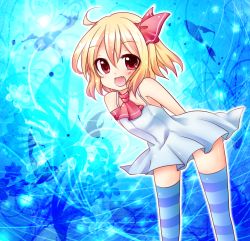 Rule 34 | 1girl, alternate costume, bare shoulders, blonde hair, chiya58, embodiment of scarlet devil, fang, female focus, hair ribbon, red eyes, ribbon, rumia, solo, striped clothes, striped thighhighs, thighhighs, touhou