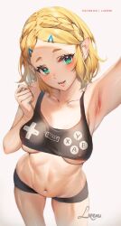 Rule 34 | 1girl, areola slip, armpits, blonde hair, blue eyes, blush, braid, breasts, collarbone, covered erect nipples, crop top, green eyes, hair ornament, highres, jewelry, liremi, looking at viewer, medium breasts, navel, nintendo, open mouth, pointy ears, princess zelda, short hair, short shorts, shorts, signature, smile, solo, the legend of zelda, underboob, underwear, underwear only