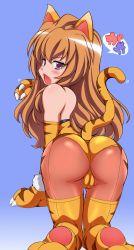 Rule 34 | 00s, 1girl, aisaka taiga, all fours, animal costume, animal ears, animal hands, animal print, ass, bare shoulders, brown eyes, brown hair, cat ears, cat tail, claws, costume, fang, highres, leotard, looking back, open mouth, pantyhose, solo, tail, thighhighs, tiger, tiger costume, tiger print, toradora!, trefoil