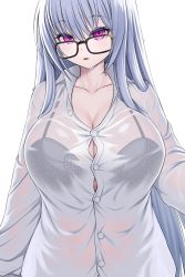 Rule 34 | 1girl, asamura hiori, bra visible through clothes, breasts, button gap, cleavage, glasses, highres, huge breasts, long hair, looking at viewer, original, purple eyes, see-through, shirt, silver hair, solo, taut clothes, taut shirt, tight clothes, tight shirt, upper body, wet, wet clothes, wet hair, wet shirt, white shirt