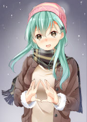 Rule 34 | 10s, 1girl, aqua hair, beanie, blush, brown eyes, byte (allbyte), coat, hair between eyes, hair ornament, hairclip, hat, highres, kantai collection, long hair, looking at viewer, open mouth, scarf, shizuka (deatennsi), smile, snow, snowing, solo, suzuya (kancolle)