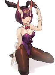 Rule 34 | 1girl, absurdres, animal ears, bare shoulders, blush, bob cut, breasts, brown pantyhose, cleavage, detached collar, eyeliner, fake animal ears, fang, fate/grand order, fate (series), headpiece, highleg, highleg leotard, highres, horns, leotard, looking at viewer, makeup, medium breasts, one eye closed, oni, open mouth, pantyhose, playboy bunny, purple eyes, purple hair, purple leotard, rabbit ears, rabbit tail, short hair, shuten douji (fate), simple background, sitting, skin-covered horns, smile, sookmo, tail, thighs, wariza, white background, wrist cuffs
