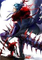 Rule 34 | 1boy, blood, blood on face, blue hair, cape, closed mouth, cu chulainn (fate), cu chulainn (fate) (all), cu chulainn (fate/stay night), cu chulainn alter (fate), cu chulainn alter (fate/grand order), cu chulainn alter (third ascension) (fate), dark persona, earrings, elbow gloves, fate/grand order, fate (series), from behind, fur, gae bolg (fate), gloves, hakusaihatake, highres, holding, holding polearm, holding weapon, hood, hooded cape, jewelry, lancer, long hair, male focus, monster boy, pants, polearm, red eyes, sad, skin tight, solo, spiked hair, spikes, tail, type-moon, weapon