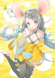Rule 34 | 1girl, animal, animal ears, bare shoulders, braid, breasts, cheese, cleavage, criss-cross halter, detached sleeves, dress, food, grey hair, grey thighhighs, halterneck, juliet sleeves, legs up, long hair, long sleeves, looking at viewer, low twintails, medium breasts, mouse (animal), mouse ears, mouse girl, mouse tail, multicolored nails, nail polish, original, parted lips, puffy sleeves, solo, stirrup legwear, swept bangs, tail, thighhighs, toeless legwear, tokki, twintails, very long hair, wide sleeves, yellow dress, yellow eyes