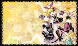 Rule 34 | 1boy, 1girl, blonde hair, boots, brother and sister, collar, demon girl, dress, dual persona, elbow gloves, frills, gloves, highres, horns, kagamine len, kagamine rin, kitano tomotoshi, polearm, pretty panties akuma rin (vocaloid), siblings, striped clothes, striped thighhighs, tail, thighhighs, trident, twins, vocaloid, weapon, zoom layer