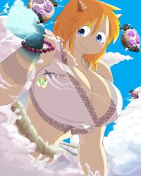 Rule 34 | aircraft, airplane, bakugeki no g, blonde hair, blue eyes, breasts, cleavage, clenched hand, cloud, demon, demon girl, electricity, giant, giantess, highres, horns, huge giantess, large breasts, raijin (mythology), short hair, sky, smile, thunder